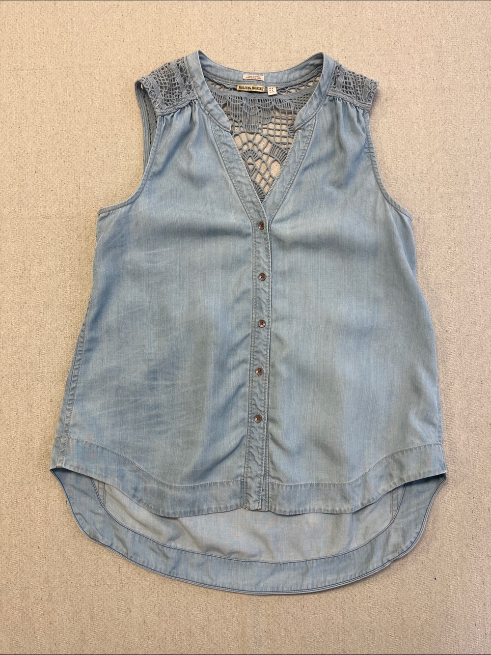 Holding Horses Chambray Crochet Lace Button Front Tank Top Lyocell Size 4